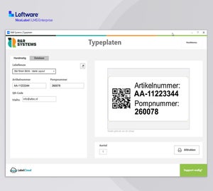 NiceLabel 10 LMS Enterprise applicatie voor het beheren en afdrukken van typeplaten met artikelnummers, pompnummers en QR-codes